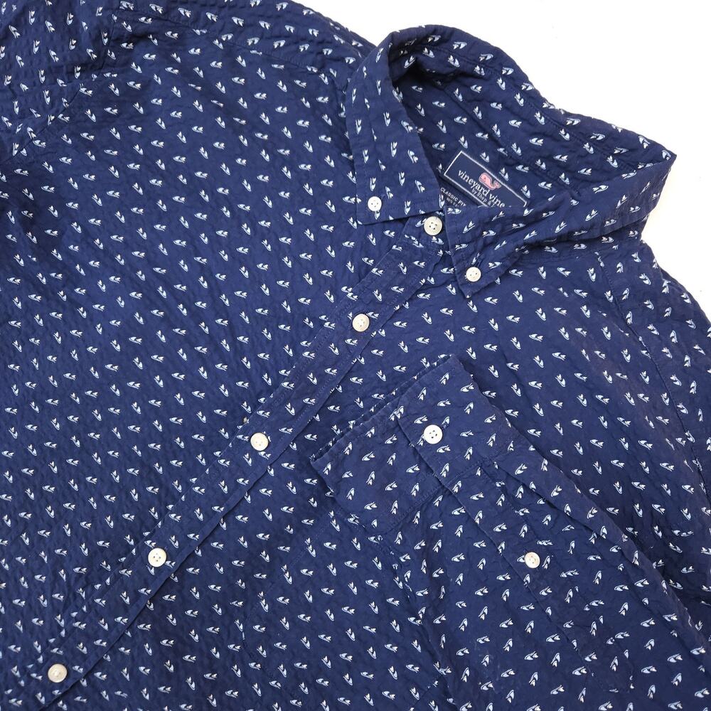 Vineyard Vines Classif Fit Murray Shirt Men's 2XL Sailboat Print Crinkle Cotton